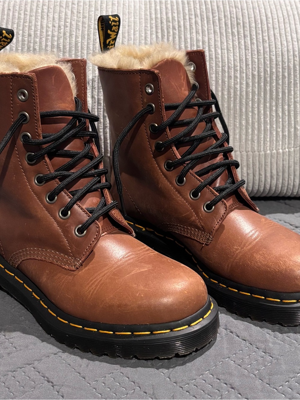 Dr. Martens Brown Leather Fur-Lined Combat Boots with Black Soles